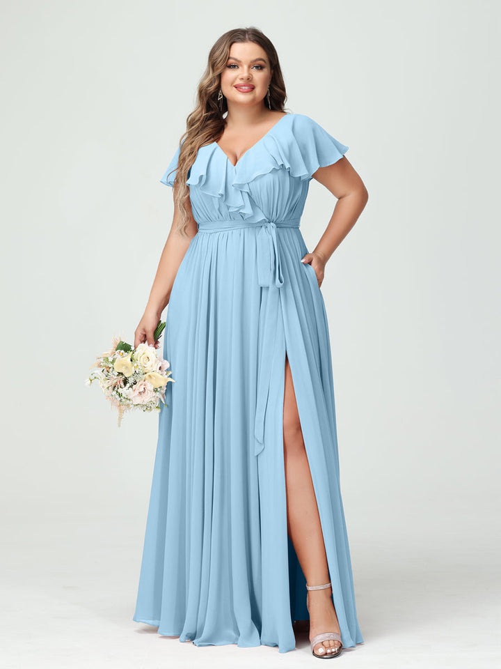 A-Line/Princess/Princess V-Neck Short Sleeves Chiffon Plus Size Bridesmaid Dresses With Pockets,Ruffles  ,Ruched & Split Side