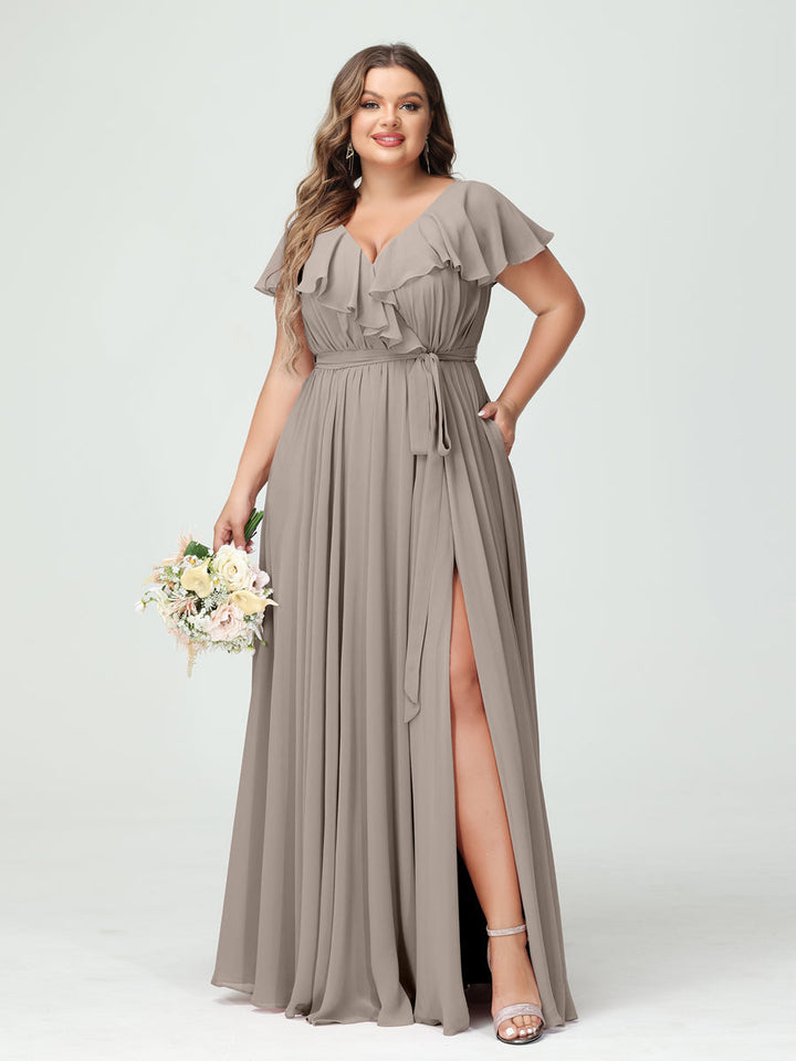 A-Line/Princess/Princess V-Neck Short Sleeves Chiffon Plus Size Bridesmaid Dresses With Pockets,Ruffles  ,Ruched & Split Side