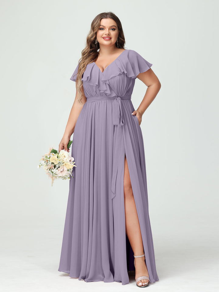 A-Line/Princess/Princess V-Neck Short Sleeves Chiffon Plus Size Bridesmaid Dresses With Pockets,Ruffles  ,Ruched & Split Side