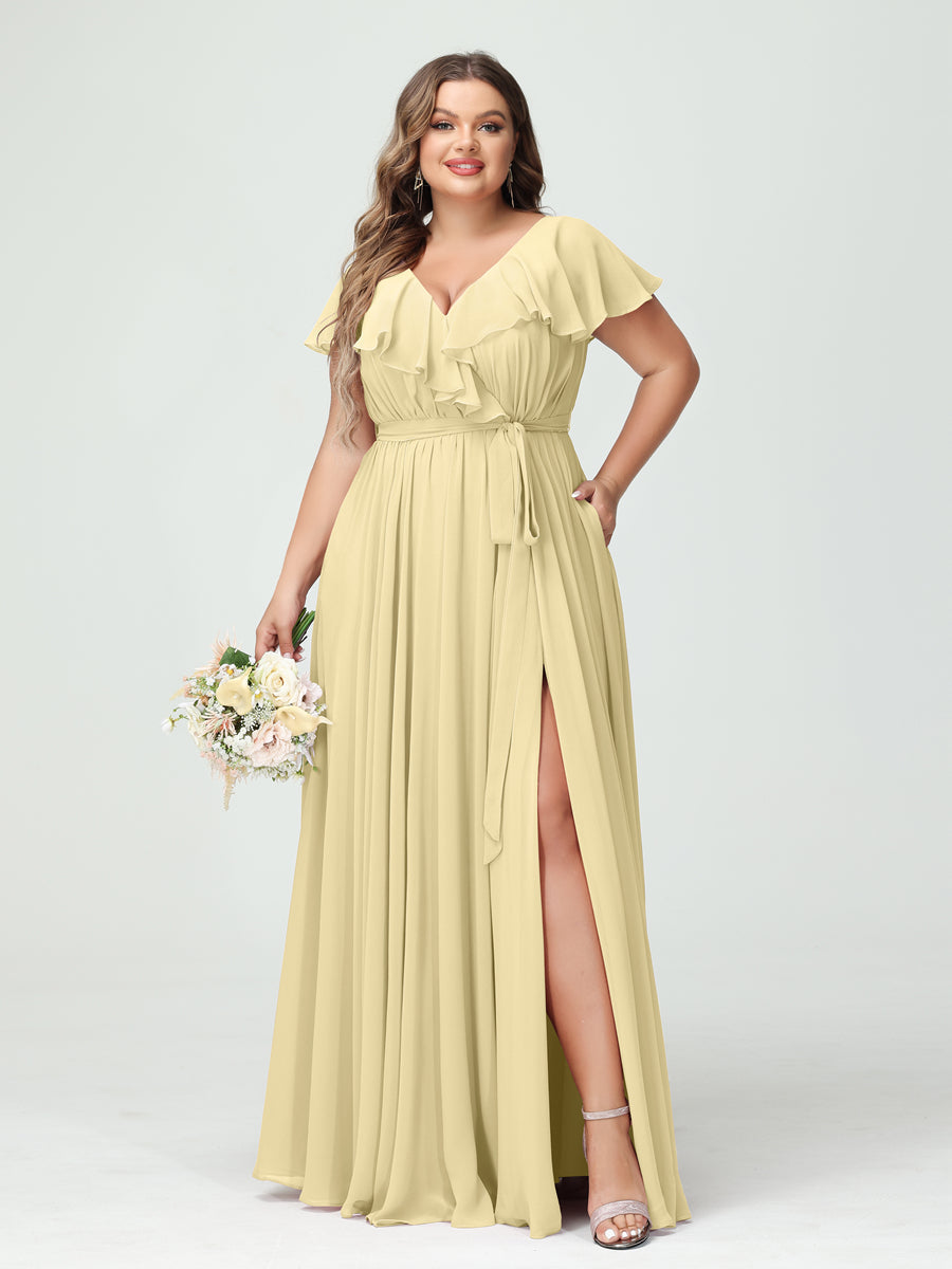 A-Line/Princess/Princess V-Neck Short Sleeves Chiffon Plus Size Bridesmaid Dresses With Pockets,Ruffles  ,Ruched & Split Side