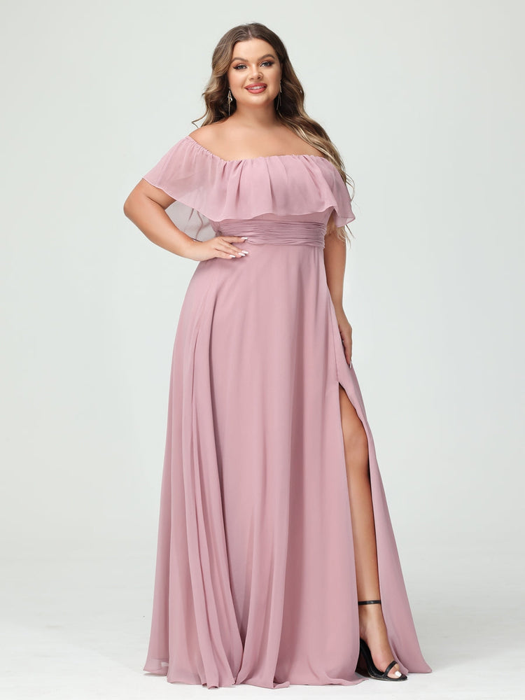 A-Line/Princess/Princess Off-the-Shoulder Short Sleeves Chiffon Plus Size Bridesmaid Dresses with Pockets & Split Side