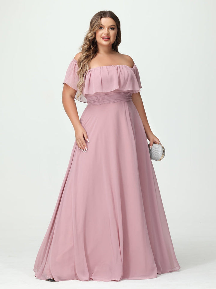 A-Line/Princess/Princess Off-the-Shoulder Short Sleeves Chiffon Plus Size Bridesmaid Dresses with Pockets & Split Side