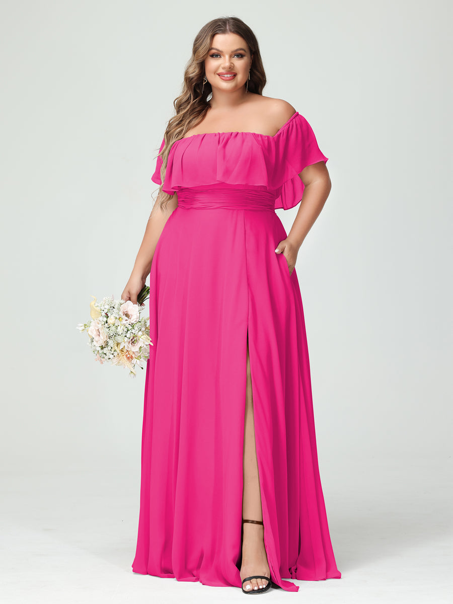 A-Line/Princess/Princess Off-the-Shoulder Short Sleeves Chiffon Plus Size Bridesmaid Dresses with Pockets & Split Side