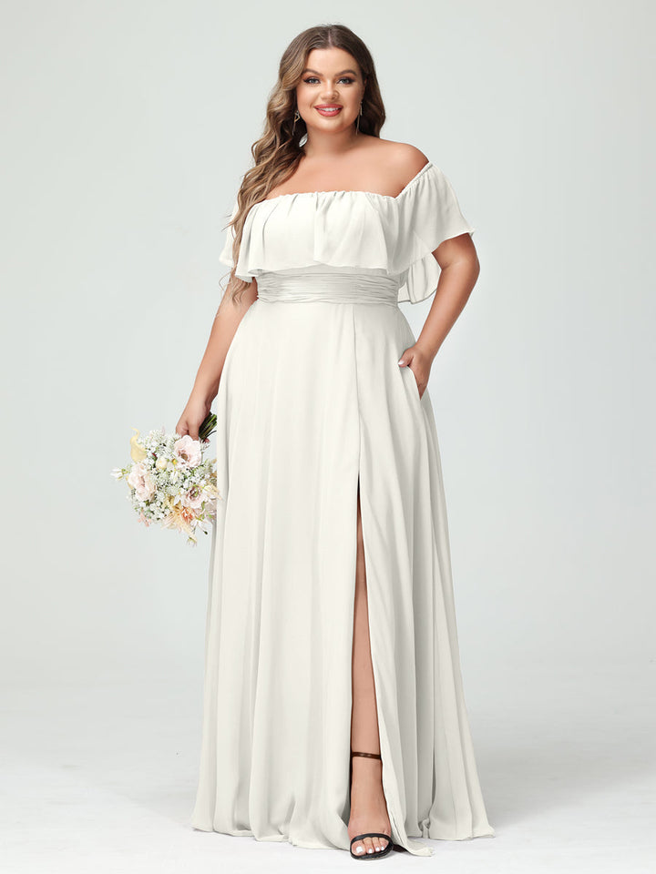 A-Line/Princess/Princess Off-the-Shoulder Short Sleeves Chiffon Plus Size Bridesmaid Dresses with Pockets & Split Side