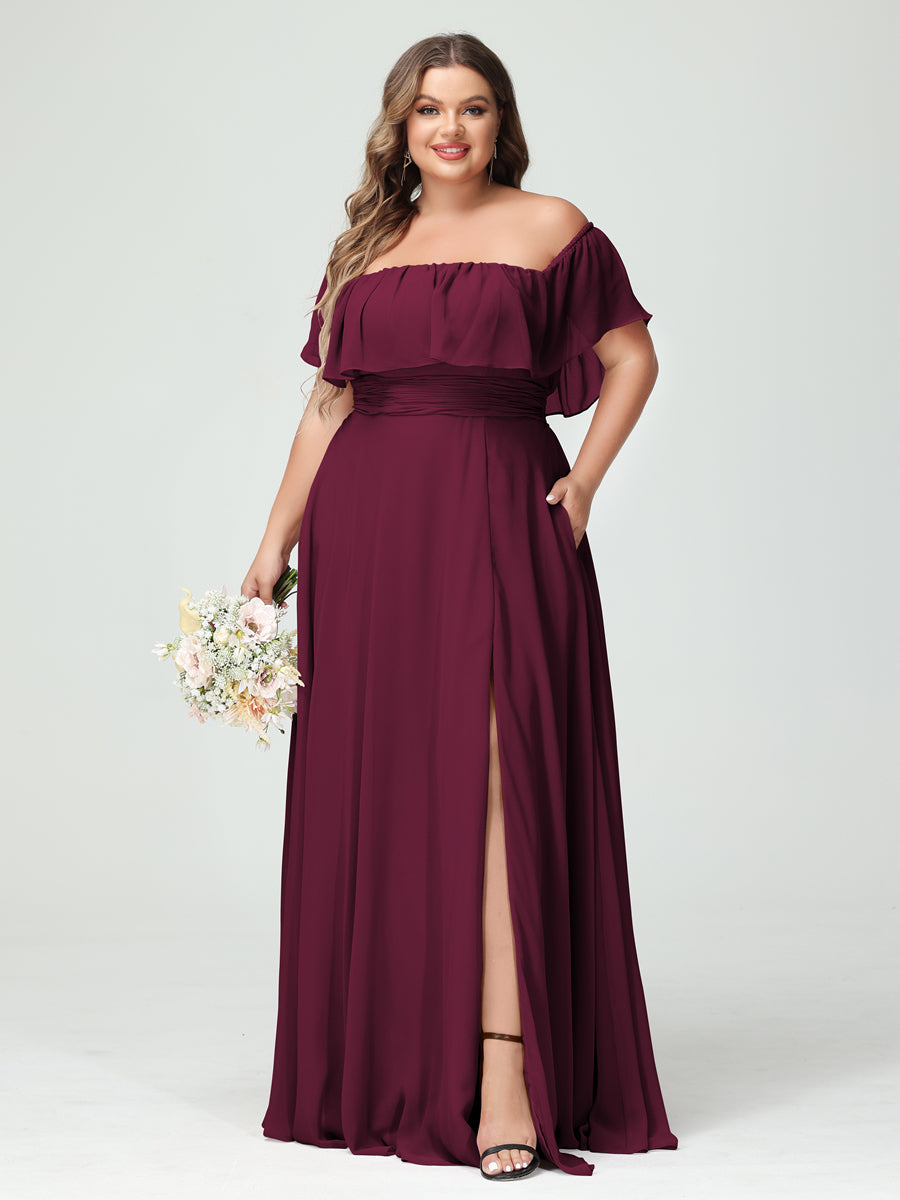 A-Line/Princess/Princess Off-the-Shoulder Short Sleeves Chiffon Plus Size Bridesmaid Dresses with Pockets & Split Side