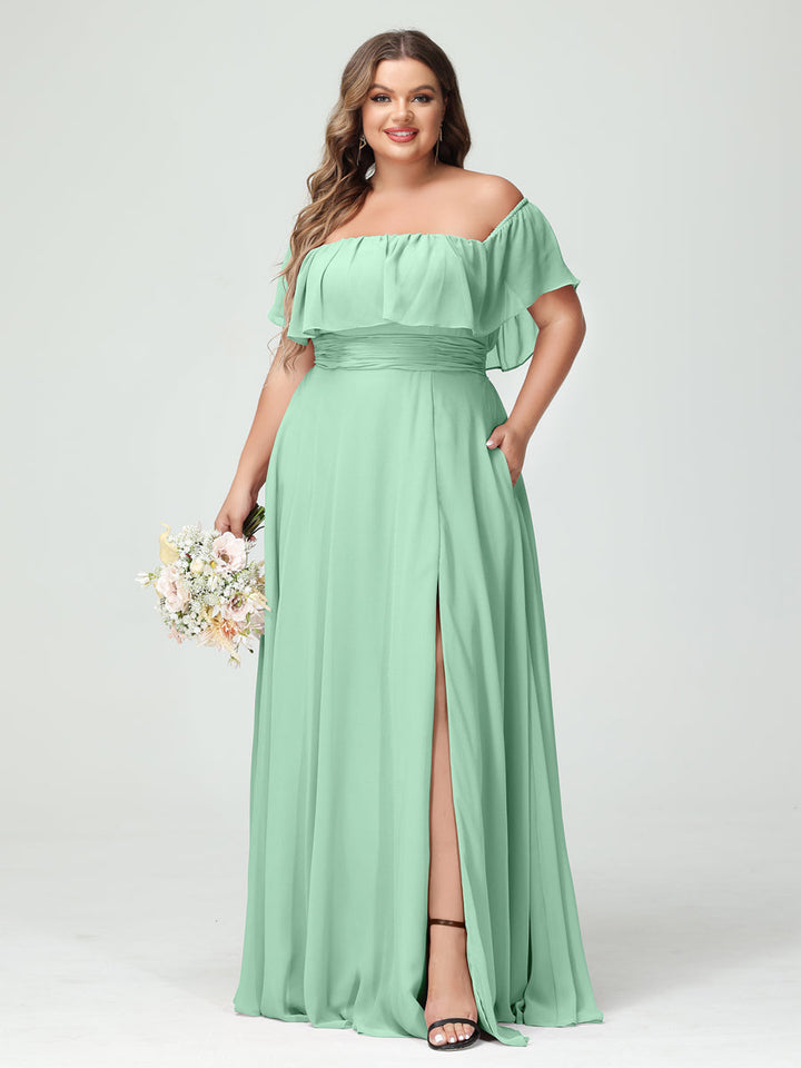 A-Line/Princess/Princess Off-the-Shoulder Short Sleeves Chiffon Plus Size Bridesmaid Dresses with Pockets & Split Side