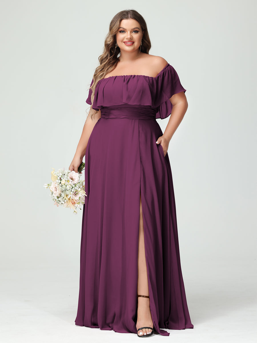 A-Line/Princess/Princess Off-the-Shoulder Short Sleeves Chiffon Plus Size Bridesmaid Dresses with Pockets & Split Side