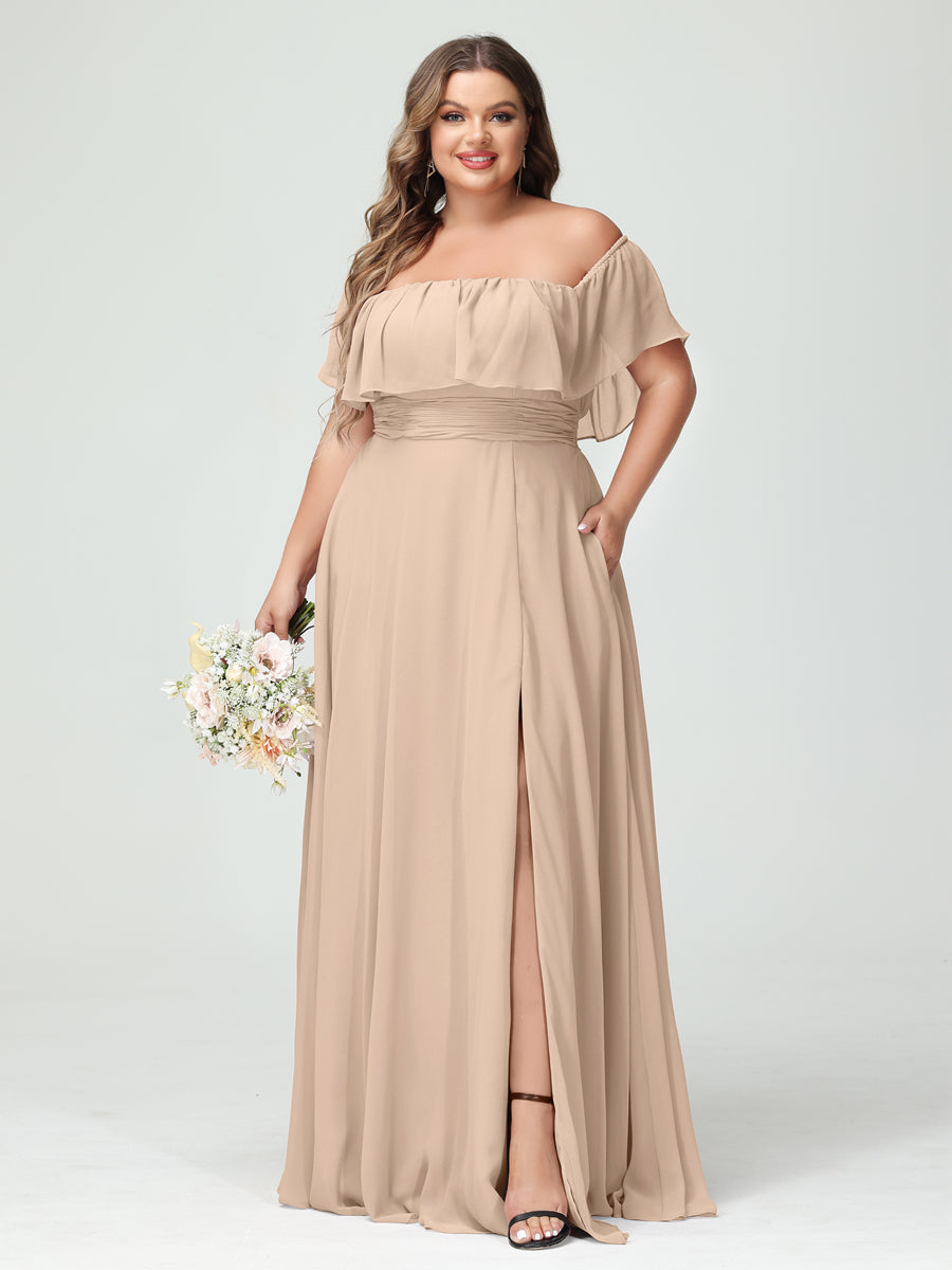 A-Line/Princess/Princess Off-the-Shoulder Short Sleeves Chiffon Plus Size Bridesmaid Dresses with Pockets & Split Side