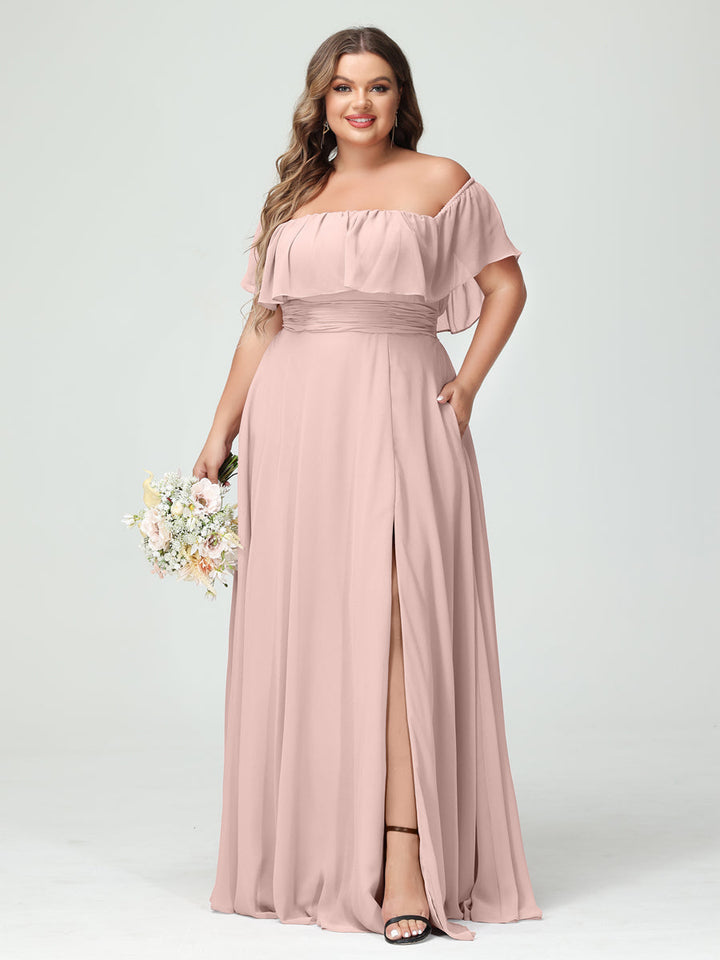 A-Line/Princess/Princess Off-the-Shoulder Short Sleeves Chiffon Plus Size Bridesmaid Dresses with Pockets & Split Side