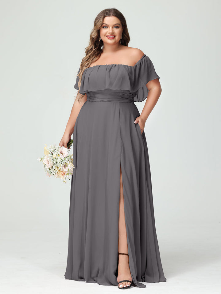 A-Line/Princess/Princess Off-the-Shoulder Short Sleeves Chiffon Plus Size Bridesmaid Dresses with Pockets & Split Side