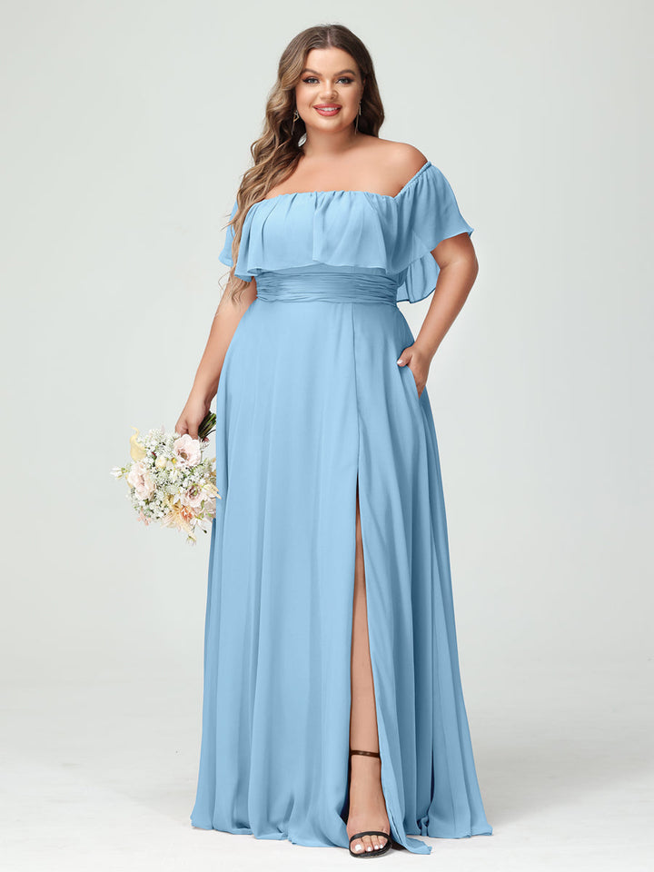 A-Line/Princess/Princess Off-the-Shoulder Short Sleeves Chiffon Plus Size Bridesmaid Dresses with Pockets & Split Side