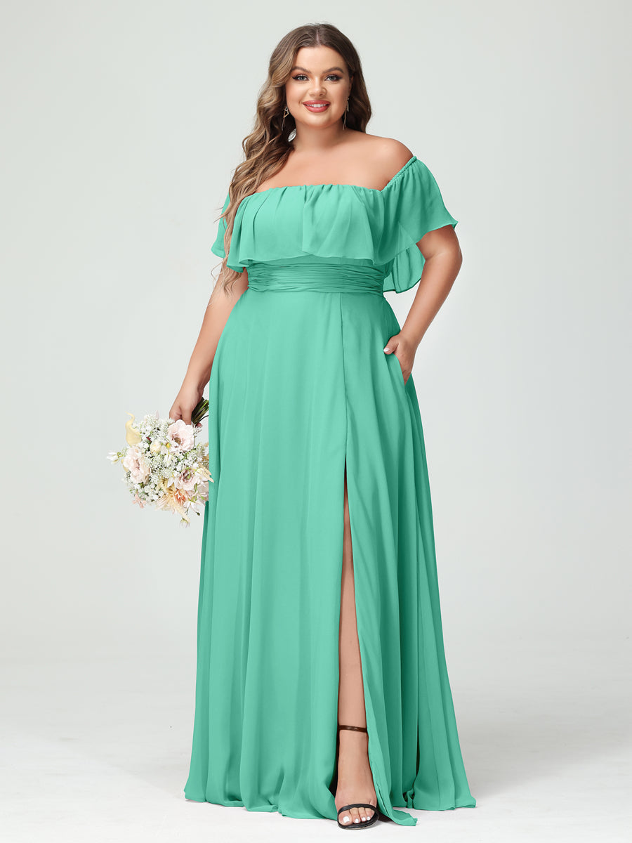 A-Line/Princess/Princess Off-the-Shoulder Short Sleeves Chiffon Plus Size Bridesmaid Dresses with Pockets & Split Side