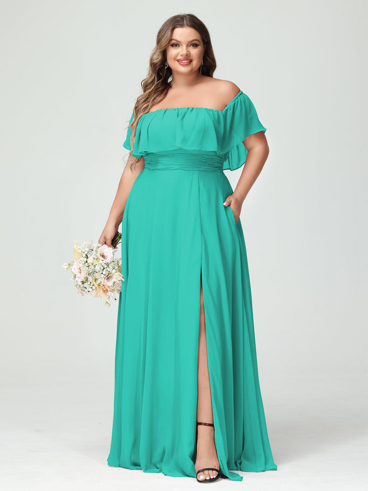 A-Line/Princess/Princess Off-the-Shoulder Short Sleeves Chiffon Plus Size Bridesmaid Dresses with Pockets & Split Side