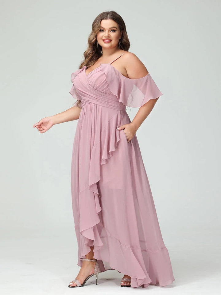 A-Line/Princess/Princess Spaghetti Straps V-Neck Short Sleeves Chiffon Asymmetrical Plus Size Bridesmaid Dresses with Ruffles