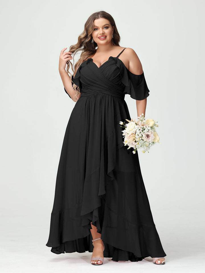 A-Line/Princess/Princess Spaghetti Straps V-Neck Short Sleeves Chiffon Asymmetrical Plus Size Bridesmaid Dresses with Ruffles