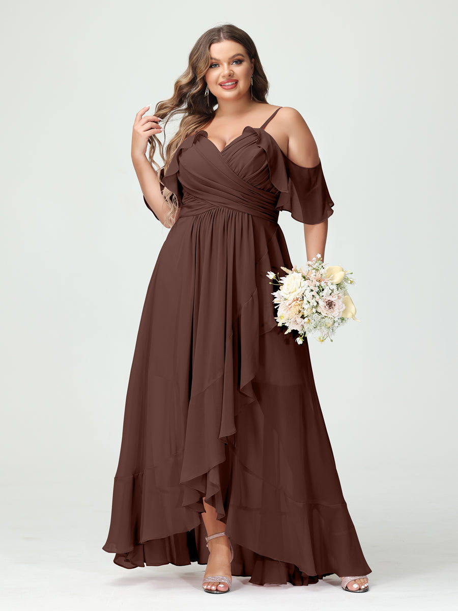 A-Line/Princess/Princess Spaghetti Straps V-Neck Short Sleeves Chiffon Asymmetrical Plus Size Bridesmaid Dresses with Ruffles