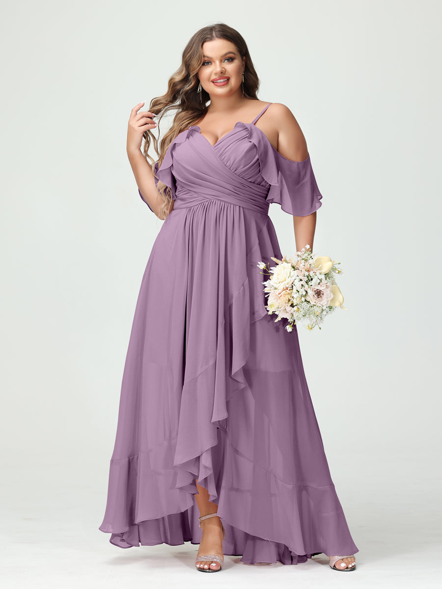 A-Line/Princess/Princess Spaghetti Straps V-Neck Short Sleeves Chiffon Asymmetrical Plus Size Bridesmaid Dresses with Ruffles