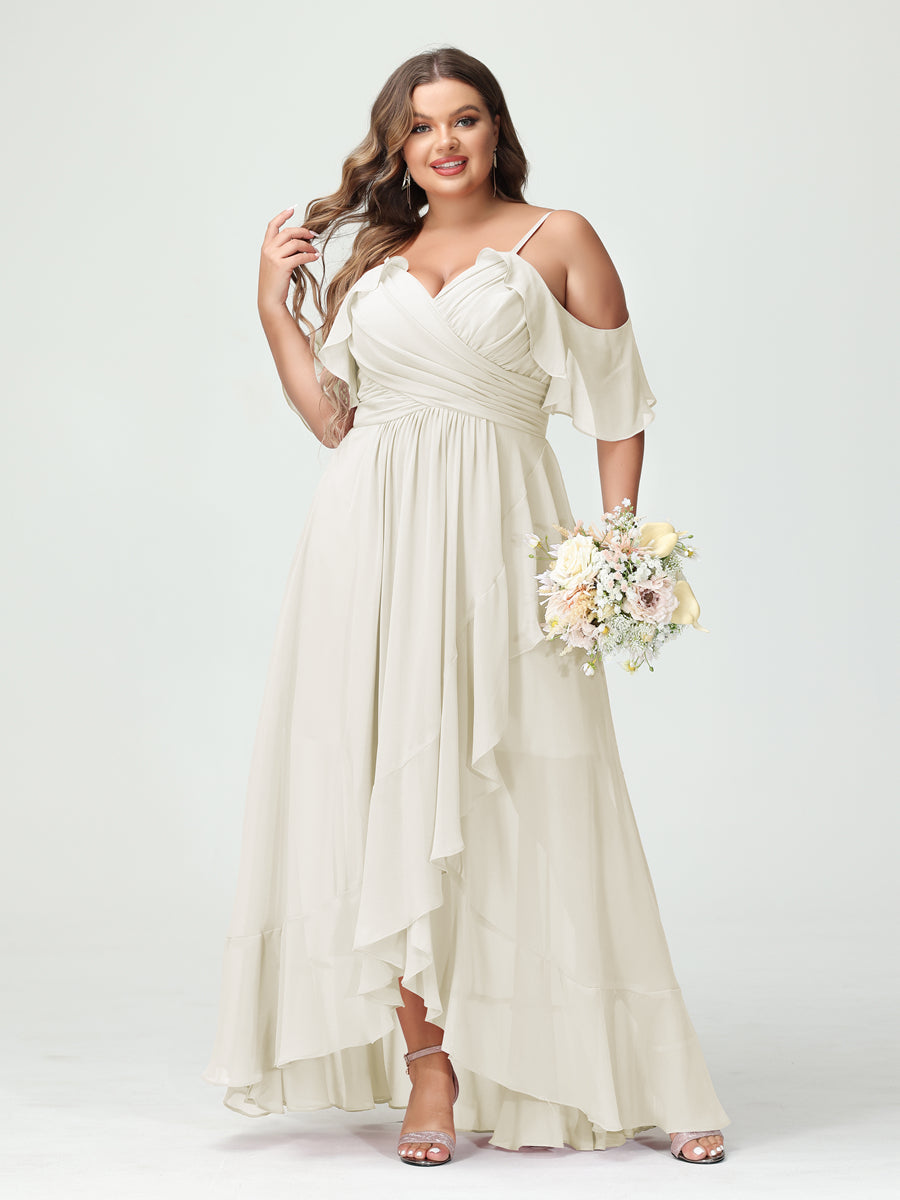 A-Line/Princess/Princess Spaghetti Straps V-Neck Short Sleeves Chiffon Asymmetrical Plus Size Bridesmaid Dresses with Ruffles