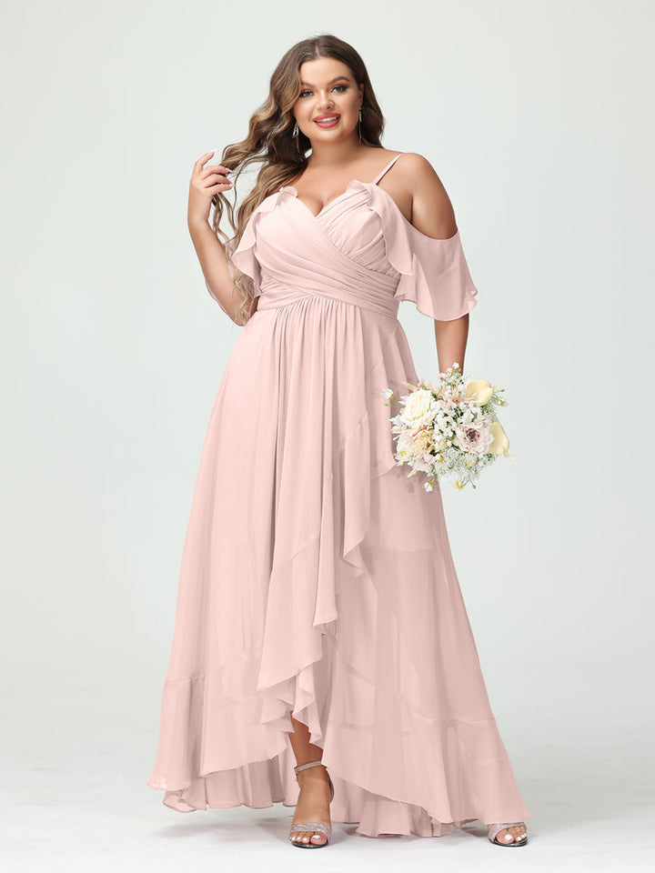 A-Line/Princess/Princess Spaghetti Straps V-Neck Short Sleeves Chiffon Asymmetrical Plus Size Bridesmaid Dresses with Ruffles