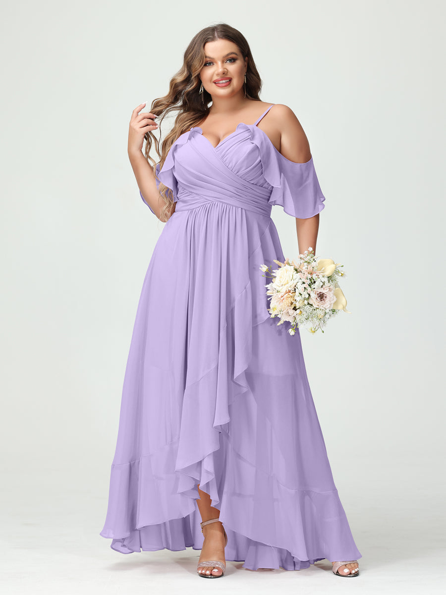 A-Line/Princess/Princess Spaghetti Straps V-Neck Short Sleeves Chiffon Asymmetrical Plus Size Bridesmaid Dresses with Ruffles