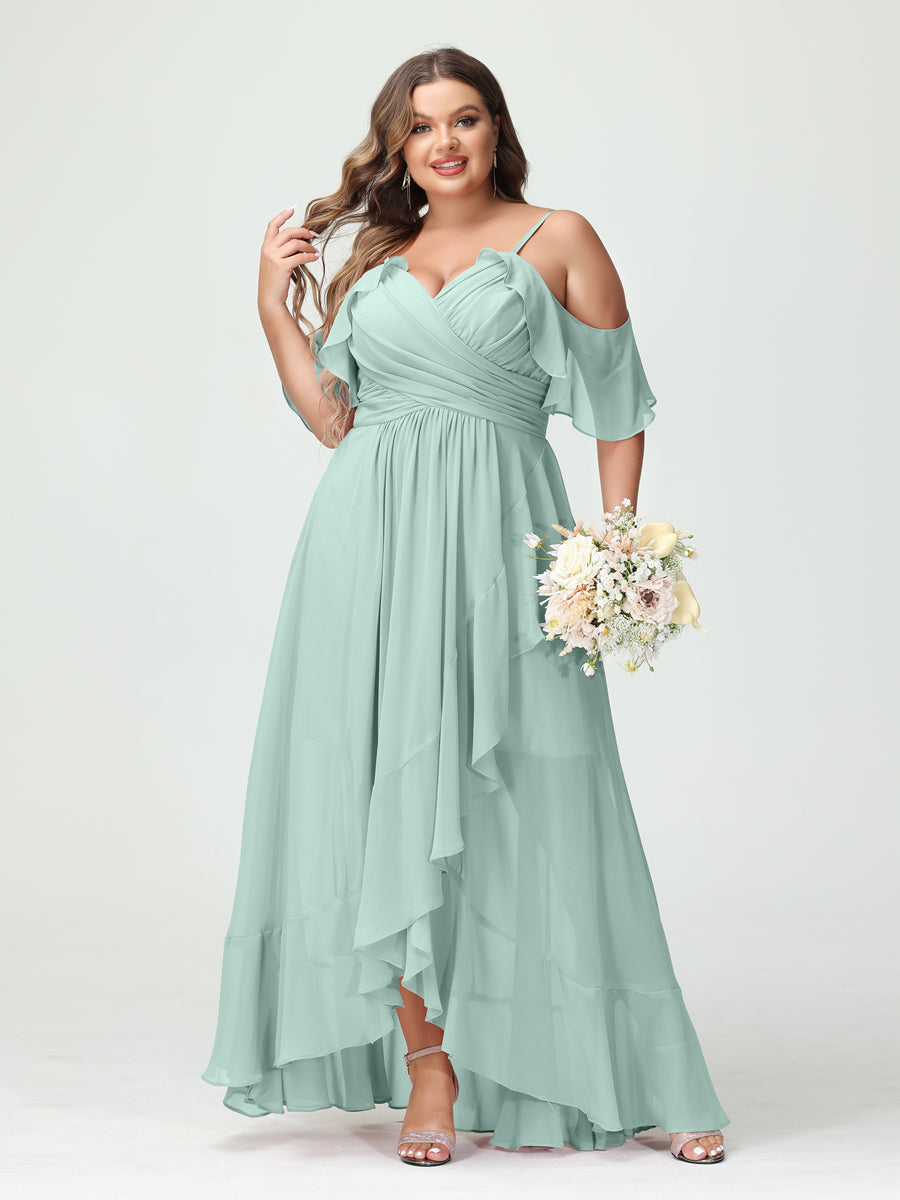 A-Line/Princess/Princess Spaghetti Straps V-Neck Short Sleeves Chiffon Asymmetrical Plus Size Bridesmaid Dresses with Ruffles