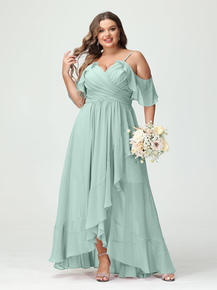 A-Line/Princess/Princess Spaghetti Straps V-Neck Short Sleeves Chiffon Asymmetrical Plus Size Bridesmaid Dresses with Ruffles