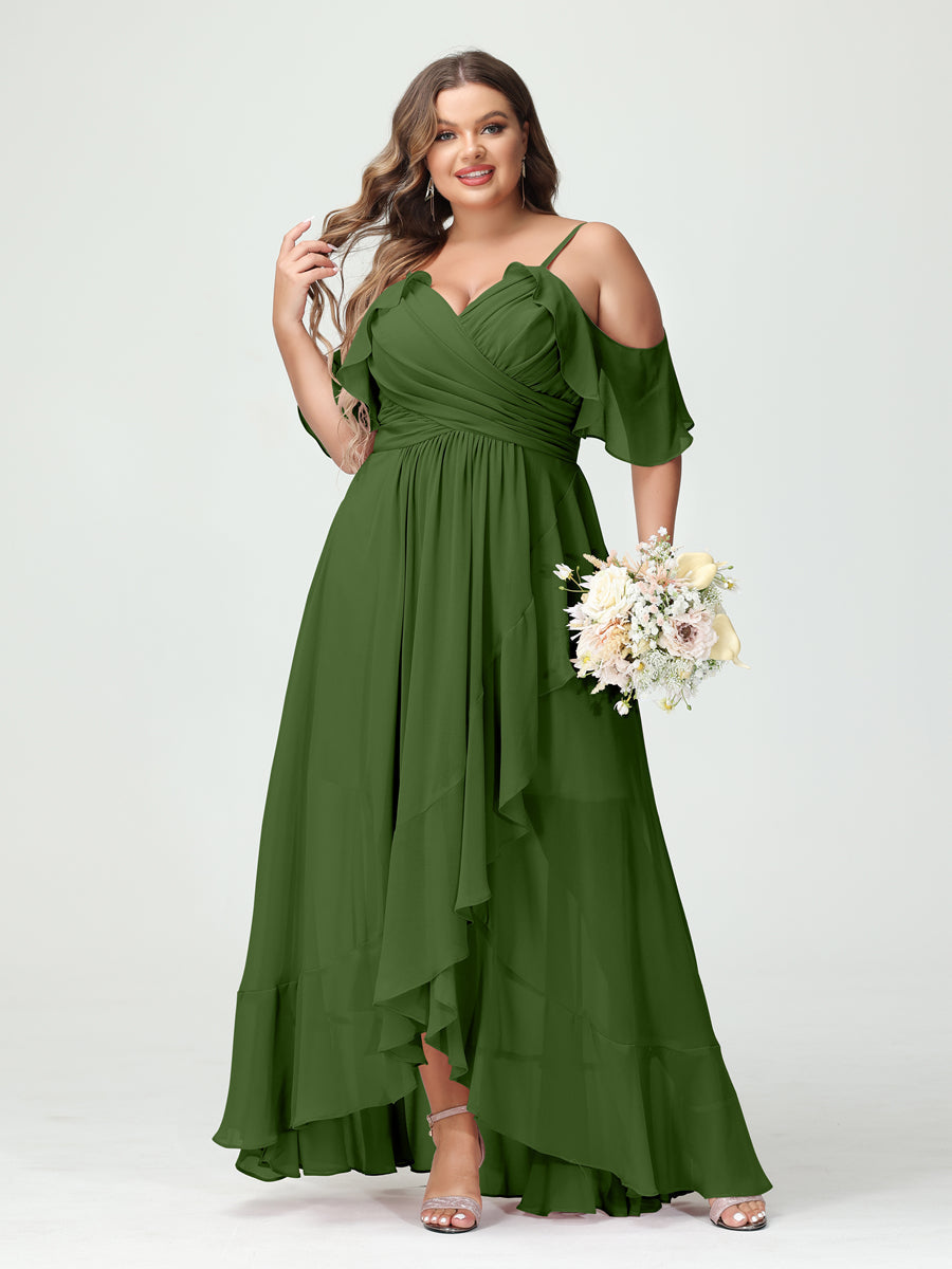 A-Line/Princess/Princess Spaghetti Straps V-Neck Short Sleeves Chiffon Asymmetrical Plus Size Bridesmaid Dresses with Ruffles