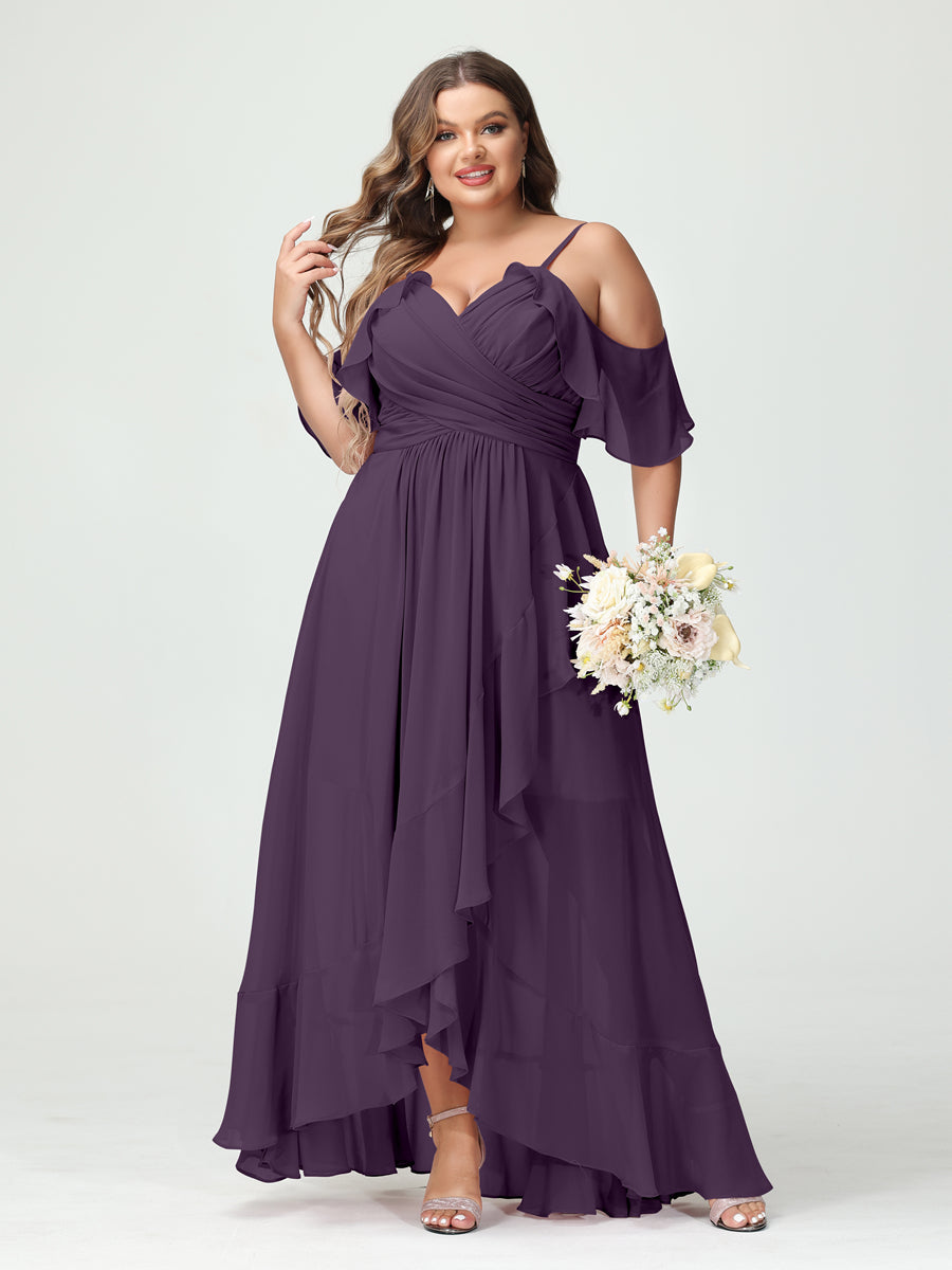 A-Line/Princess/Princess Spaghetti Straps V-Neck Short Sleeves Chiffon Asymmetrical Plus Size Bridesmaid Dresses with Ruffles