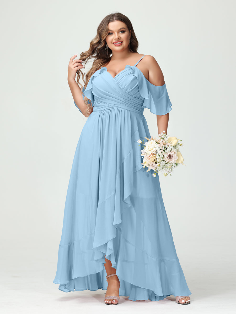 A-Line/Princess/Princess Spaghetti Straps V-Neck Short Sleeves Chiffon Asymmetrical Plus Size Bridesmaid Dresses with Ruffles