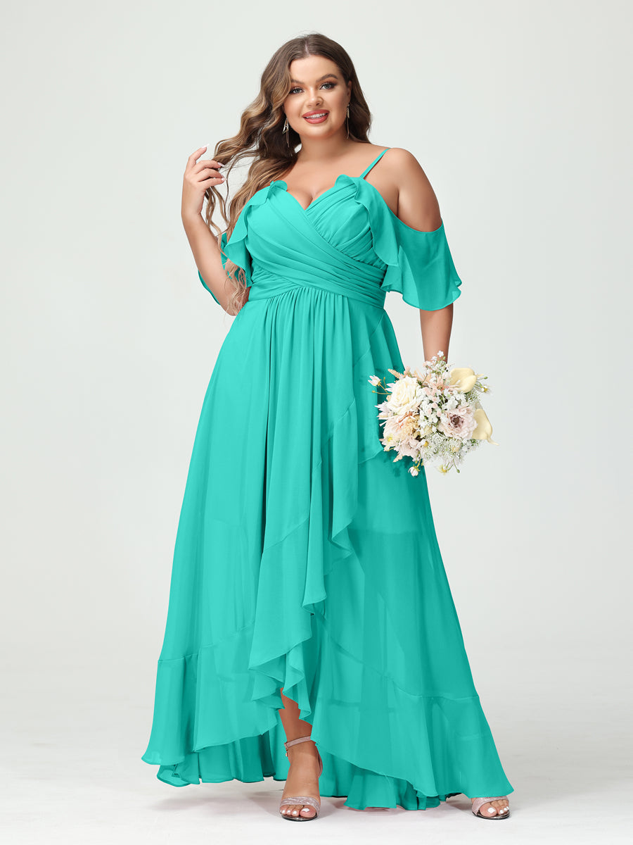 A-Line/Princess/Princess Spaghetti Straps V-Neck Short Sleeves Chiffon Asymmetrical Plus Size Bridesmaid Dresses with Ruffles