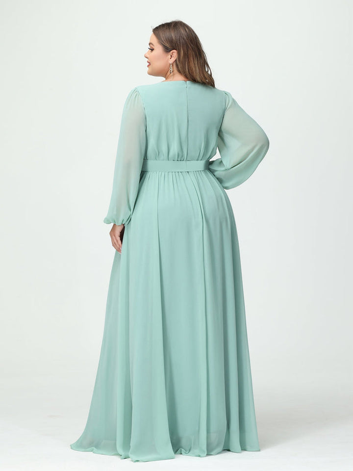 A-Line/Princess V-Neck Long Sleeves Chiffon Plus Size Bridesmaid Dresses with Pockets