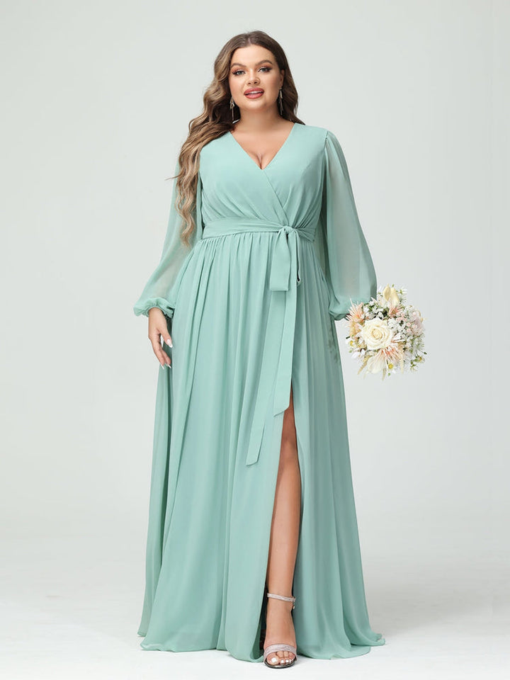 A-Line/Princess/Princess V-Neck Long Sleeves Chiffon Plus Size Bridesmaid Dresses with Pockets