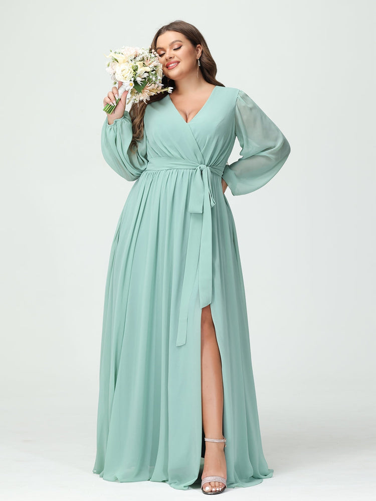 A-Line/Princess/Princess V-Neck Long Sleeves Chiffon Plus Size Bridesmaid Dresses with Pockets