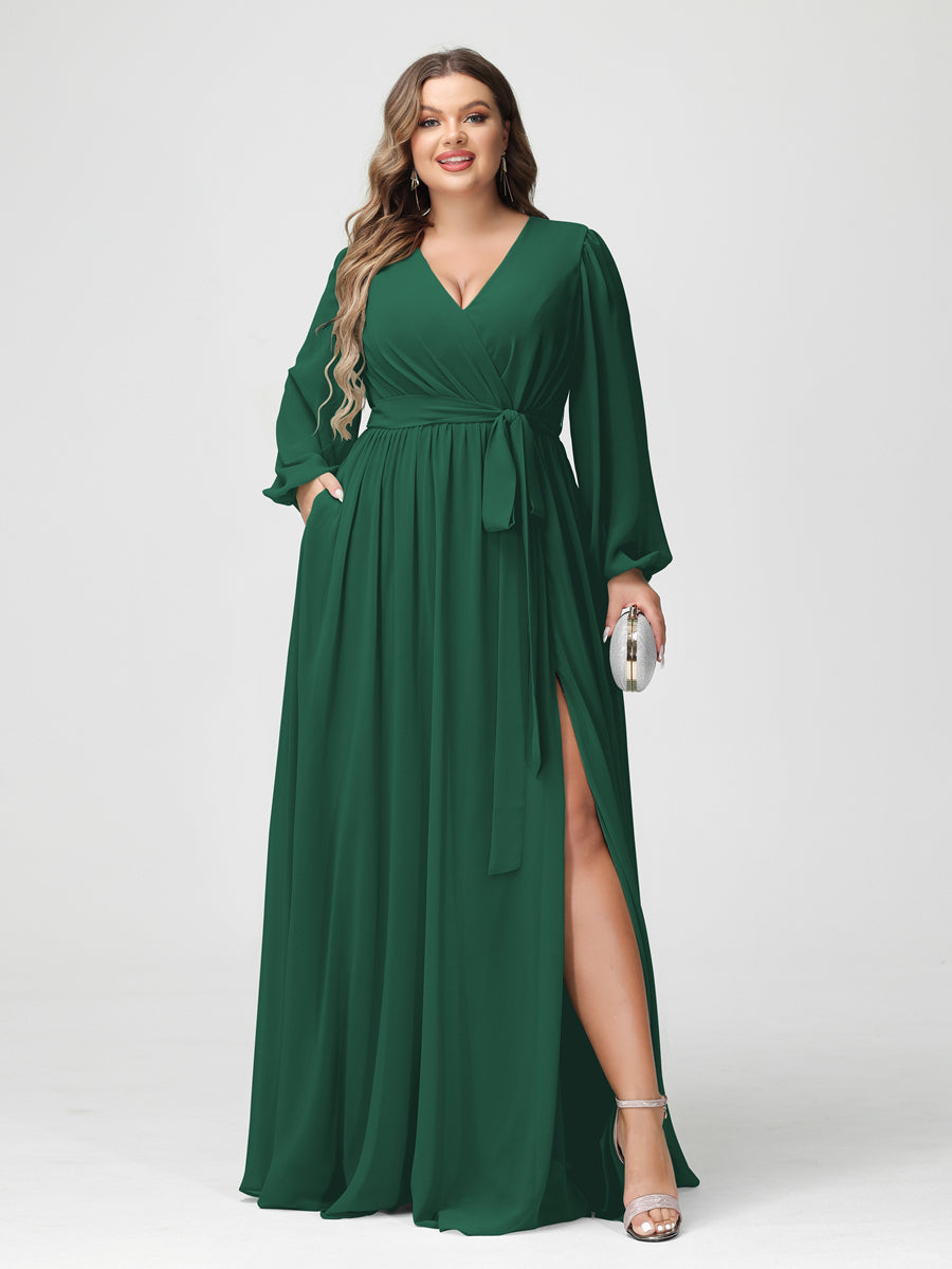 A-Line/Princess V-Neck Long Sleeves Chiffon Plus Size Bridesmaid Dresses with Pockets