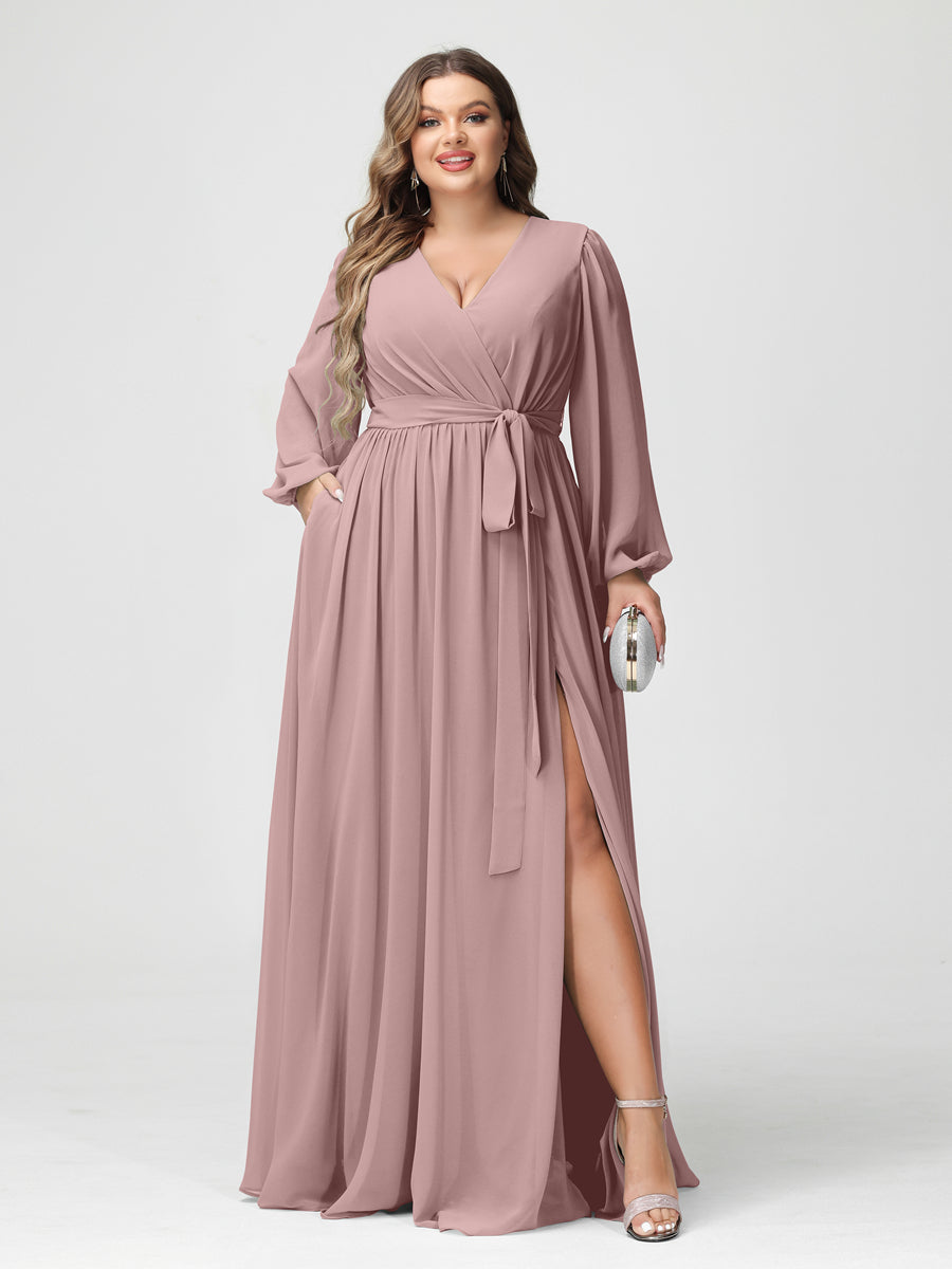 A-Line/Princess V-Neck Long Sleeves Chiffon Plus Size Bridesmaid Dresses with Pockets