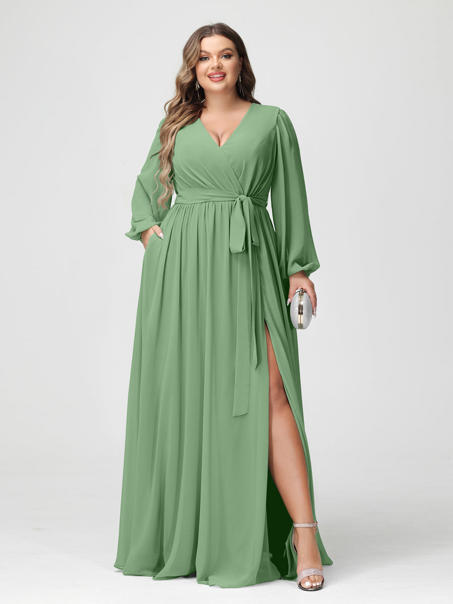 A-Line/Princess V-Neck Long Sleeves Chiffon Plus Size Bridesmaid Dresses with Pockets