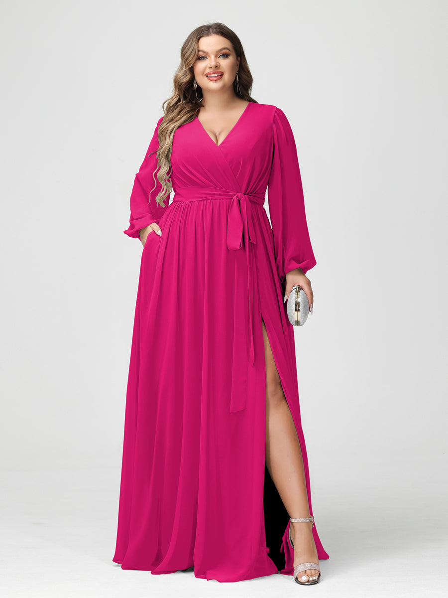 A-Line/Princess V-Neck Long Sleeves Chiffon Plus Size Bridesmaid Dresses with Pockets