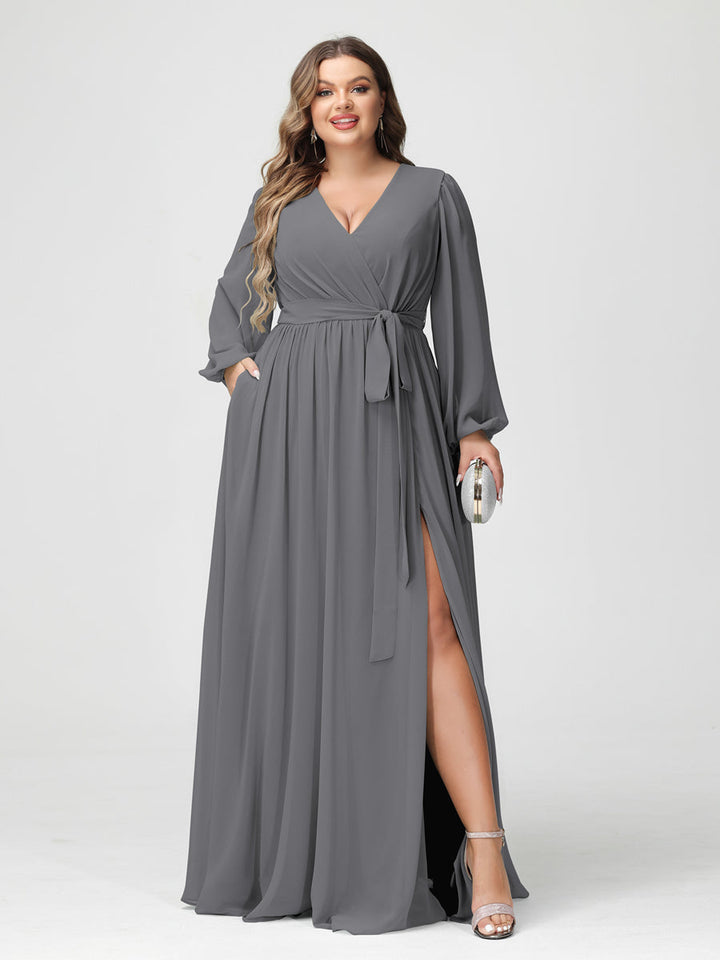 A-Line/Princess V-Neck Long Sleeves Chiffon Plus Size Bridesmaid Dresses with Pockets