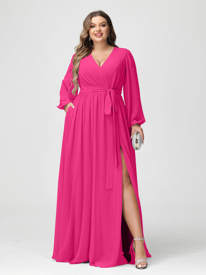 A-Line/Princess/Princess V-Neck Long Sleeves Chiffon Plus Size Bridesmaid Dresses with Pockets