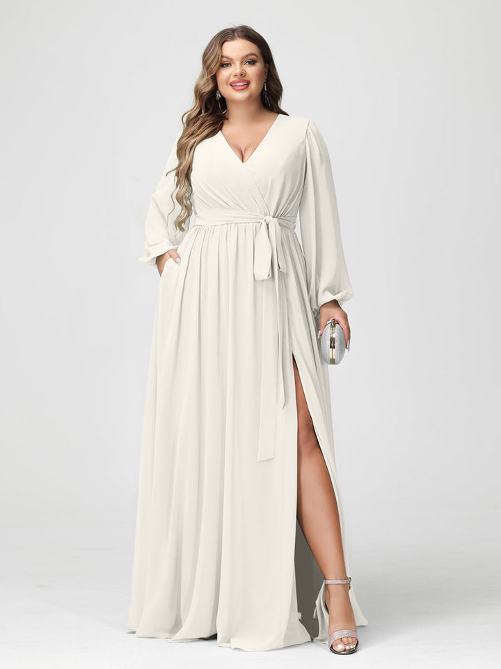 A-Line/Princess V-Neck Long Sleeves Chiffon Plus Size Bridesmaid Dresses with Pockets