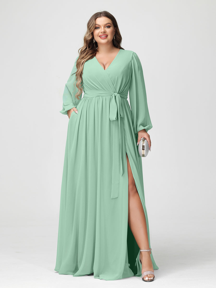 A-Line/Princess/Princess V-Neck Long Sleeves Chiffon Plus Size Bridesmaid Dresses with Pockets