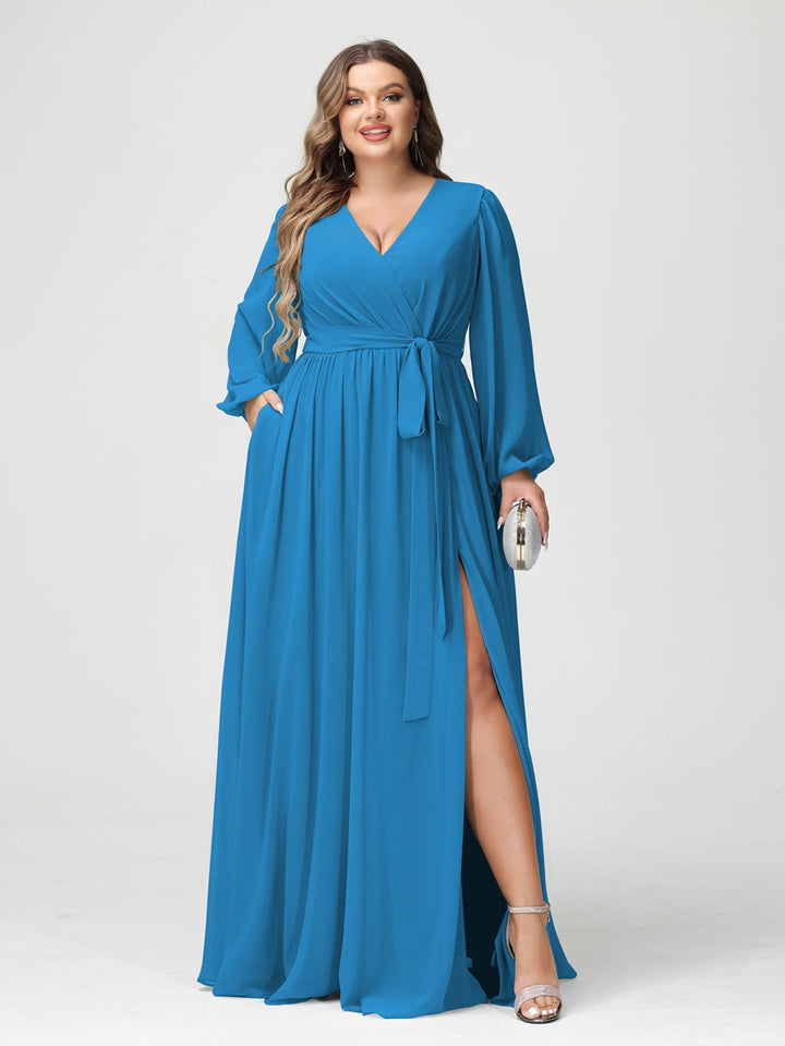 A-Line/Princess V-Neck Long Sleeves Chiffon Plus Size Bridesmaid Dresses with Pockets