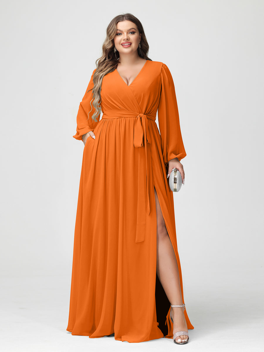 A-Line/Princess V-Neck Long Sleeves Chiffon Plus Size Bridesmaid Dresses with Pockets