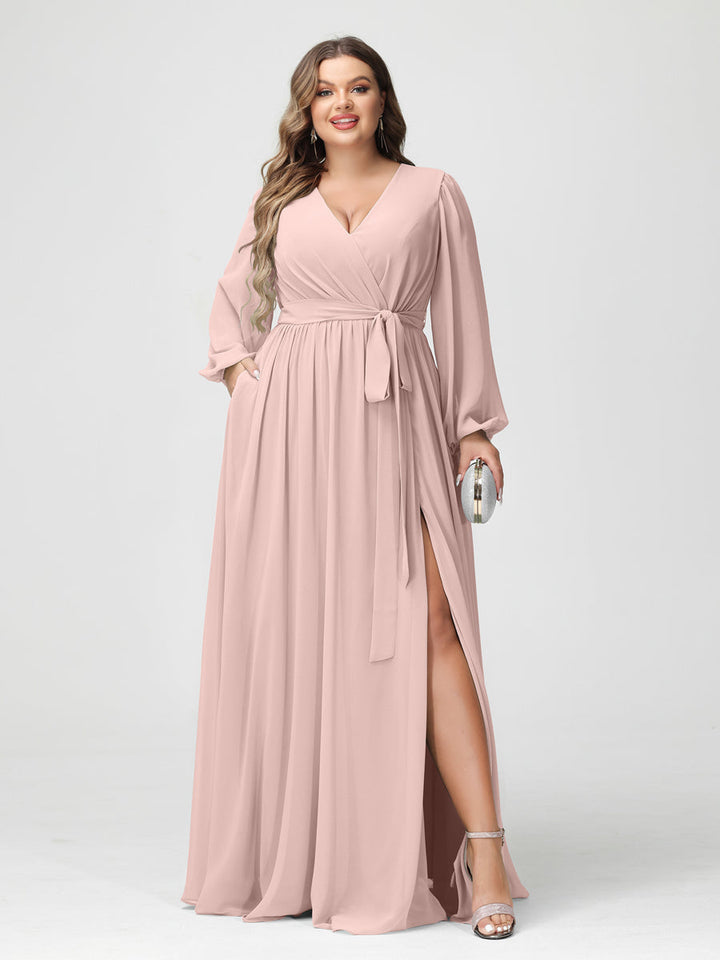 A-Line/Princess V-Neck Long Sleeves Chiffon Plus Size Bridesmaid Dresses with Pockets