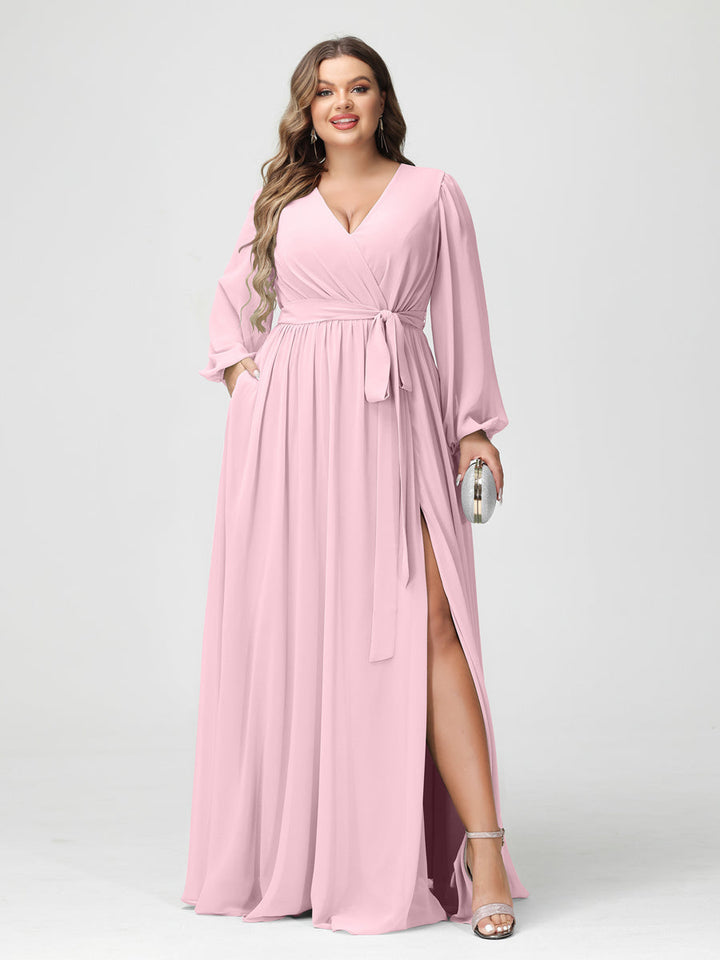 A-Line/Princess/Princess V-Neck Long Sleeves Chiffon Plus Size Bridesmaid Dresses with Pockets