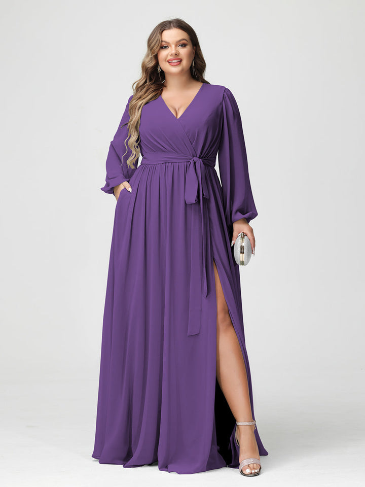 A-Line/Princess V-Neck Long Sleeves Chiffon Plus Size Bridesmaid Dresses with Pockets