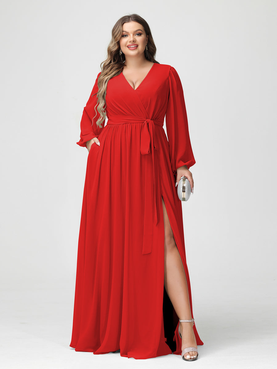 A-Line/Princess V-Neck Long Sleeves Chiffon Plus Size Bridesmaid Dresses with Pockets