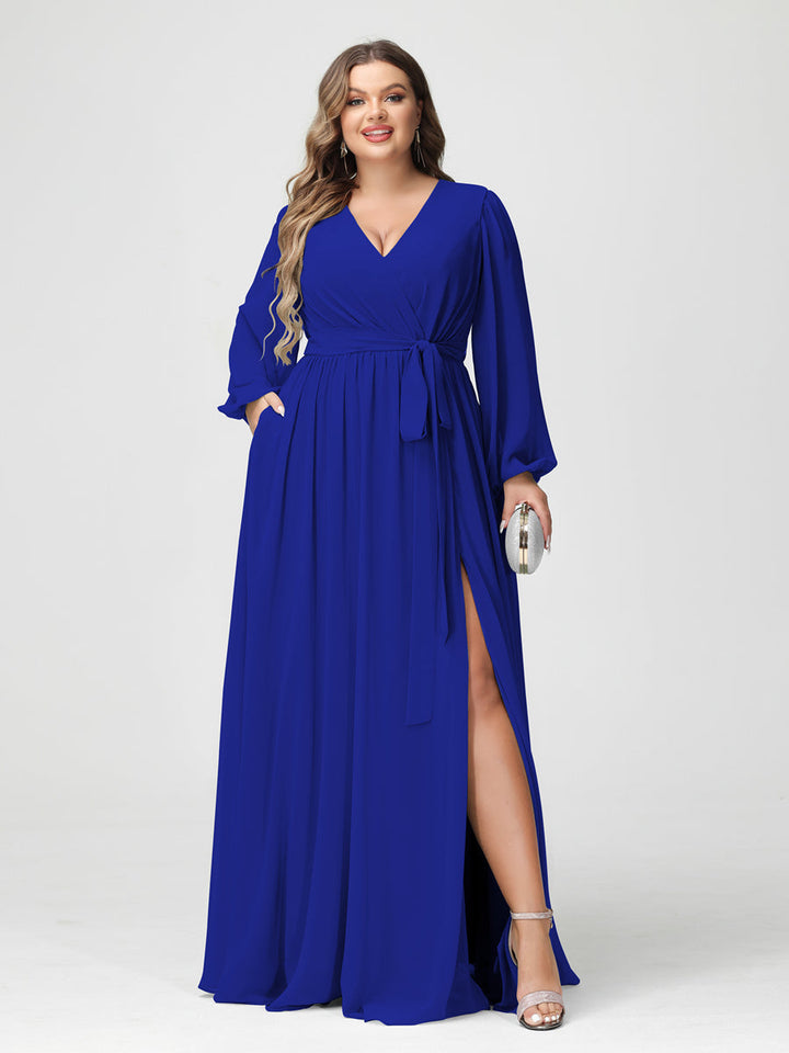 A-Line/Princess/Princess V-Neck Long Sleeves Chiffon Plus Size Bridesmaid Dresses with Pockets