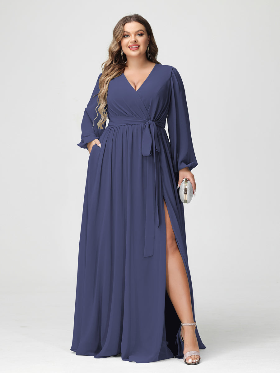 A-Line/Princess V-Neck Long Sleeves Chiffon Plus Size Bridesmaid Dresses with Pockets