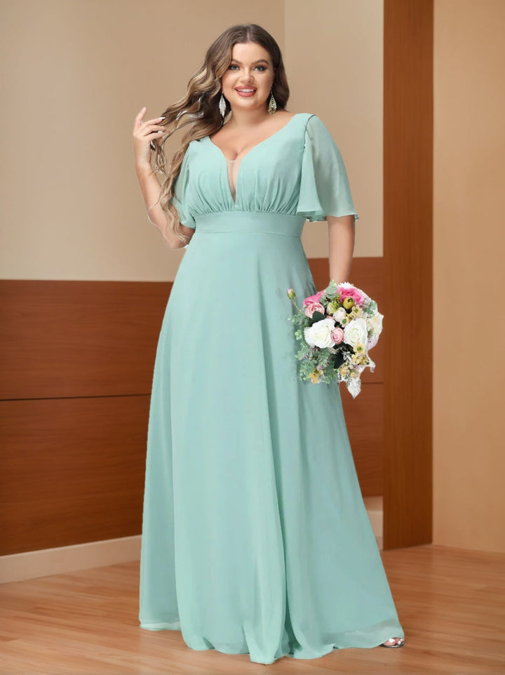 A-Line/Princess/Princess V-Neck Half Sleeves Chiffon Plus Size Bridesmaid Dresses with Pockets